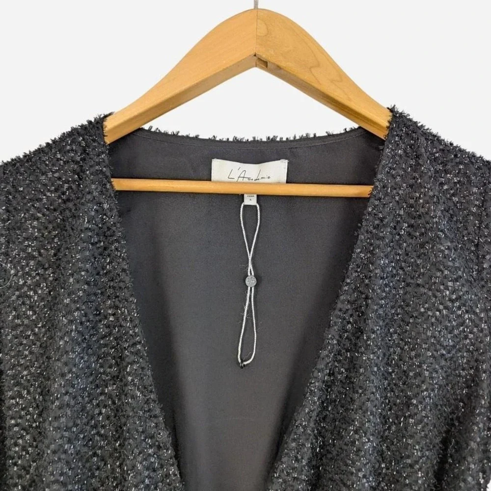 L'Academie The Wrap Mini Dress Black Metallic Eyelash Fringe NWOT Small - Picture 7 of 11